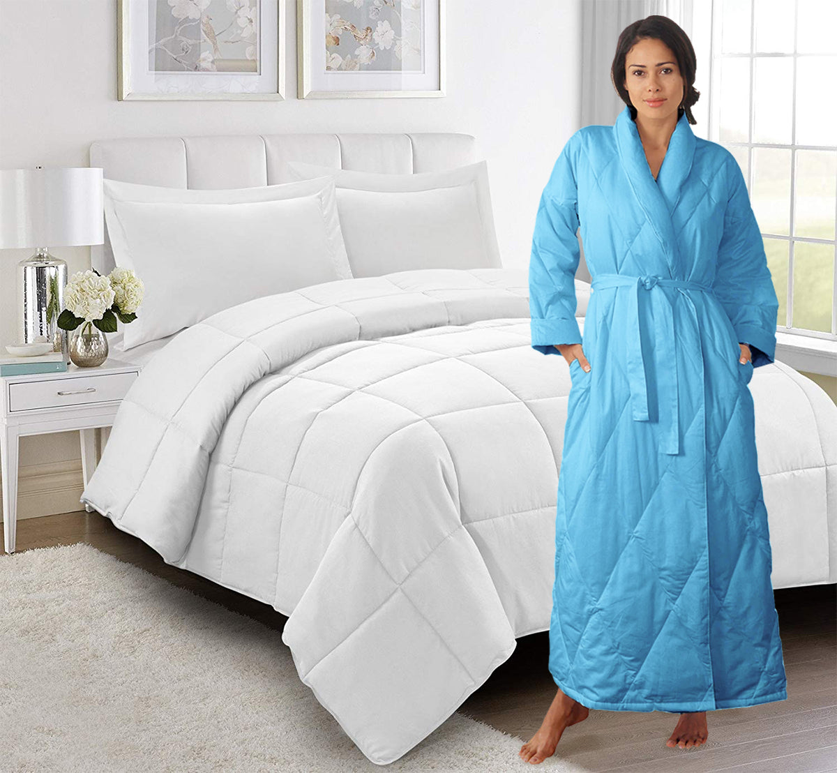 Woman in a blue robe standing next to a white comforter on a bed in a bedroom.